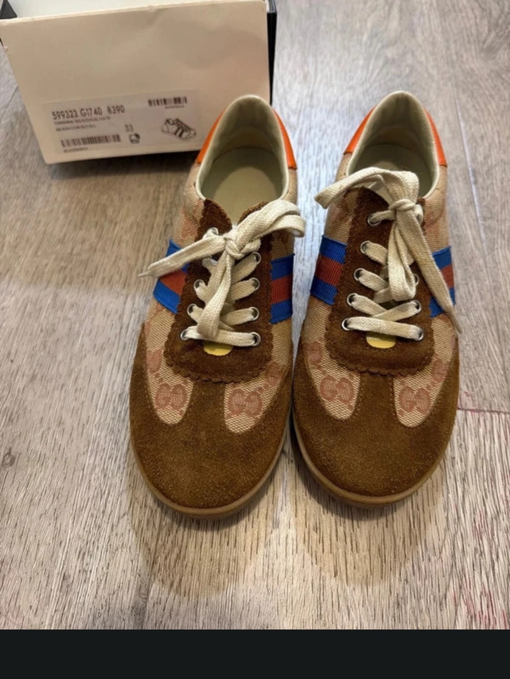 Gucci Kids Brown Suede Sneakers with Blue-Red Stripe